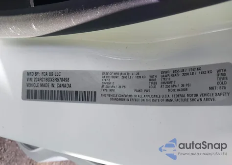 2025 Chrysler Pacifica Select из США, поврежденный, VIN 2C4RC1BGXSR578498